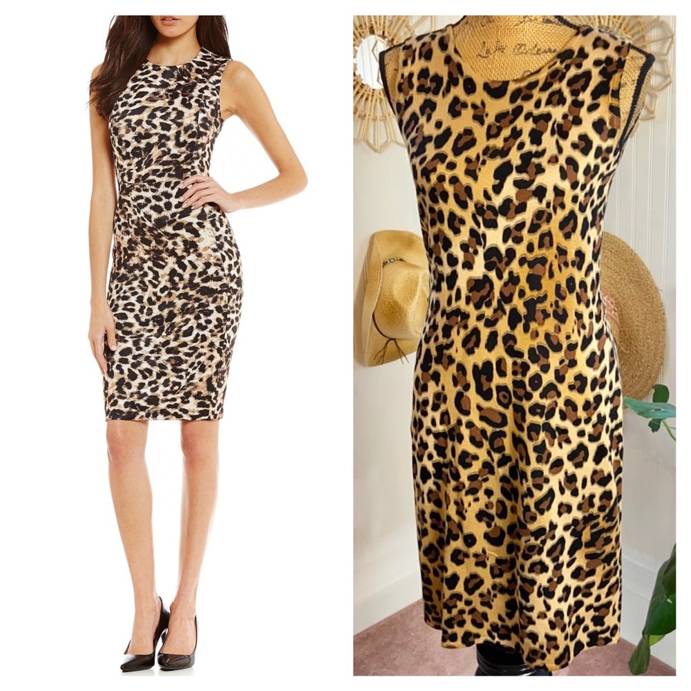 Calvin Klein Leopard Cheetah Knit Sheath Dress Sz S